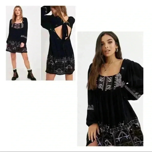 Free People Rhiannon Embroidered Babydoll Long Sleeve boho Dress - Picture 1 of 11